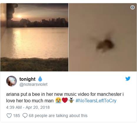 No Tears Left To Cry Ariana Grande S Uplifting New Single Alludes - twitter post by notearsviolet ariana put a bee in her new music video for