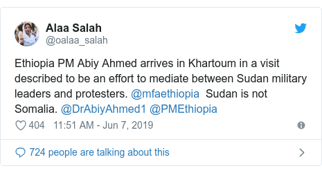 Twitter waxaa daabacay @oalaa_salah: Ethiopia PM Abiy Ahmed arrives in Khartoum in a visit described to be an effort to mediate between Sudan military leaders and protesters. @mfaethiopia  Sudan is not Somalia. @DrAbiyAhmed1 @PMEthiopia