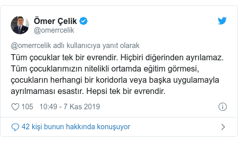 @omerrcelik tarafından yapılan Twitter paylaşımı: Tüm çocuklar tek bir evrendir. Hiçbiri diğerinden ayrılamaz. Tüm çocuklarımızın nitelikli ortamda eğitim görmesi, çocukların herhangi bir koridorla veya başka uygulamayla ayrılmaması esastır. Hepsi tek bir evrendir.