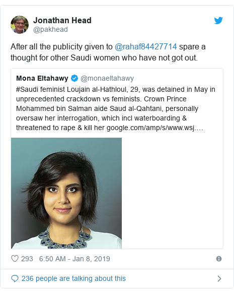 Twitter post by @pakhead: After all the publicity given to @rahaf84427714 spare a thought for other Saudi women who have not got out. 