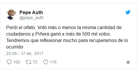 Publicación de Twitter por @pepe_auth: Perdí el olfato. Votó más o menos la misma cantidad de ciudadanos y Piñera ganó x más de 500 mil votos. Tendremos que reflexionar mucho para recuperarnos de lo ocurrido