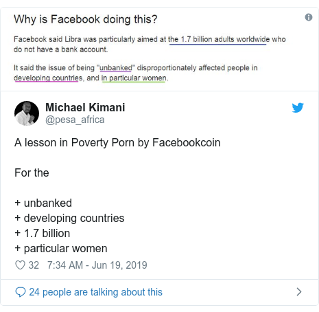Twitter post by @pesa_africa: A lesson in Poverty Porn by Facebookcoin For the+ unbanked+ developing countries+ 1.7 billion+ particular women 