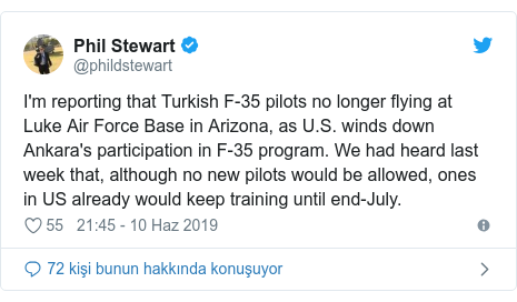 @phildstewart tarafından yapılan Twitter paylaşımı: I'm reporting that Turkish F-35 pilots no longer flying at Luke Air Force Base in Arizona, as U.S. winds down Ankara's participation in F-35 program. We had heard last week that, although no new pilots would be allowed, ones in US already would keep training until end-July.