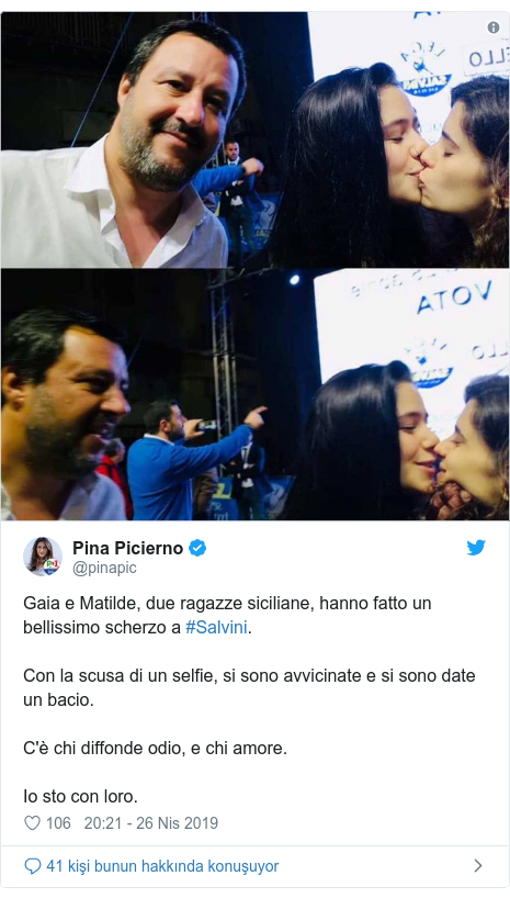 @pinapic tarafÄ±ndan yapÄ±lan Twitter paylaÅÄ±mÄ±: Gaia e Matilde, due ragazze siciliane, hanno fatto un bellissimo scherzo a #Salvini.Con la scusa di un selfie, si sono avvicinate e si sono date un bacio.C'Ã¨ chi diffonde odio, e chi amore. Io sto con loro. 