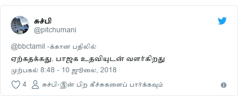 டுவிட்டர் இவரது பதிவு @pitchumani: ஏற்கதக்கது. பாஜக உதவியுடன் வளர்கிறது