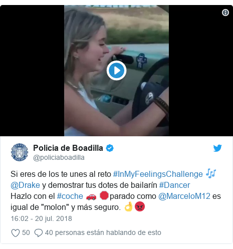 Publicación de Twitter por @policiaboadilla: Si eres de los te unes al reto #InMyFeelingsChallenge ? @Drake y demostrar tus dotes de bailarín #DancerHazlo con el #coche ? ?parado como @MarceloM12 es igual de "molon" y más seguro. ?? 