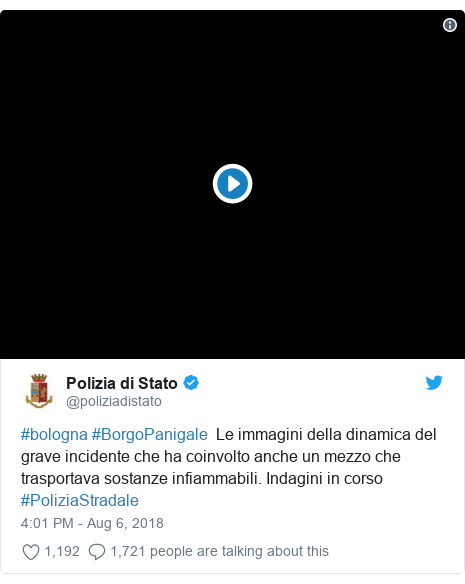 Twitter post by @poliziadistato: #bologna #BorgoPanigale  Le immagini della dinamica del grave incidente che ha coinvolto anche un mezzo che trasportava sostanze infiammabili. Indagini in corso #PoliziaStradale 