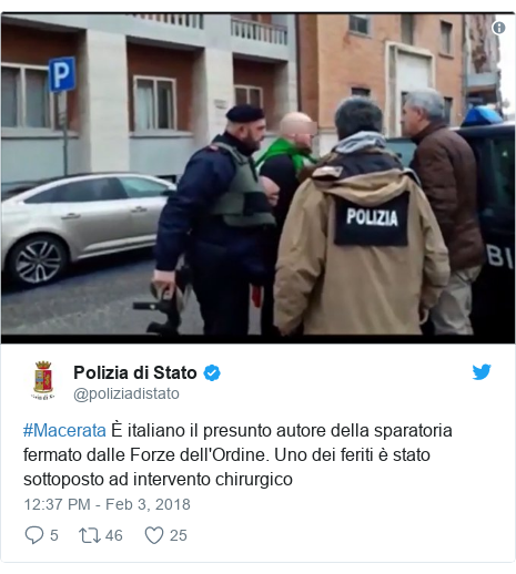 Twitter post by @poliziadistato: #Macerata È italiano il presunto autore della sparatoria fermato dalle Forze dell'Ordine. Uno dei feriti è stato sottoposto ad intervento chirurgico 