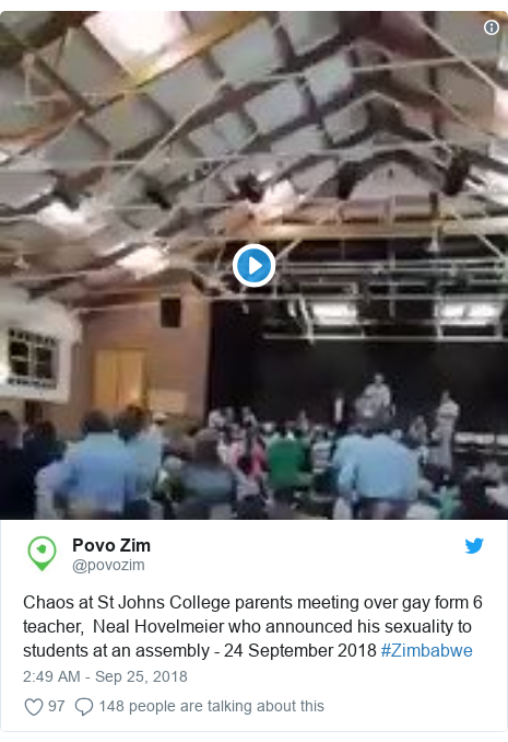 Twitter post by @povozim: Chaos at St Johns College parents meeting over gay form 6 teacher,  Neal Hovelmeier who announced his sexuality to students at an assembly - 24 September 2018 #Zimbabwe 