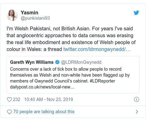 Twitter post by @punkistani93: I'm Welsh Pakistani, not British Asian. For years I've said that anglocentric approaches to data census was erasing the real life embodiment and existence of Welsh people of colour in Wales  a thread 