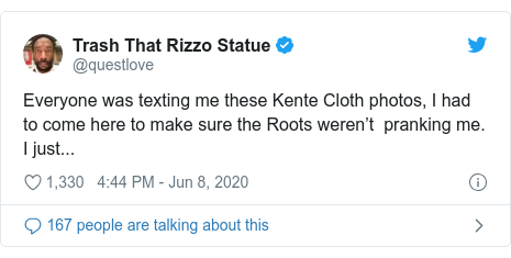 Twitter post by @questlove: Everyone was texting me these Kente Cloth photos, I had to come here to make sure the Roots weren’t  pranking me. I just...