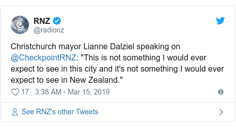 Twitter post by @radionz: Christchurch mayor Lianne Dalziel speaking on @CheckpointRNZ  "This is not something I would ever expect to see in this city and it's not something I would ever expect to see in New Zealand."