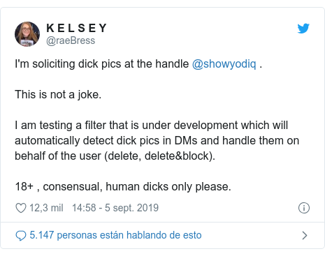 Publicación de Twitter por @raeBress: I'm soliciting dick pics at the handle @showyodiq . This is not a joke.I am testing a filter that is under development which will automatically detect dick pics in DMs and handle them on behalf of the user (delete, delete&block). 18+ , consensual, human dicks only please.