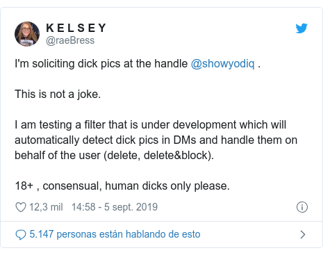 Publicación de Twitter por @raeBress: I'm soliciting dick pics at the handle @showyodiq . This is not a joke.I am testing a filter that is under development which will automatically detect dick pics in DMs and handle them on behalf of the user (delete, delete&block).  18+ , consensual, human dicks only please.