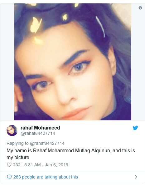 Twitter post by @rahaf84427714: My name is Rahaf Mohammed Mutlaq Alqunun, and this is my picture 