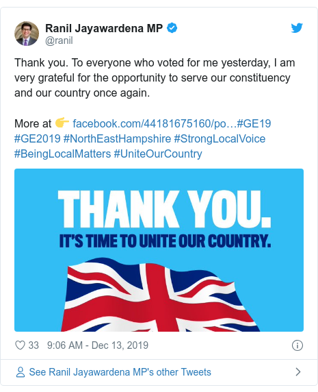 Twitter හි @ranil කළ පළකිරීම: Thank you. To everyone who voted for me yesterday, I am very grateful for the opportunity to serve our constituency and our country once again. More at 👉 #GE19 #GE2019 #NorthEastHampshire #StrongLocalVoice #BeingLocalMatters #UniteOurCountry 