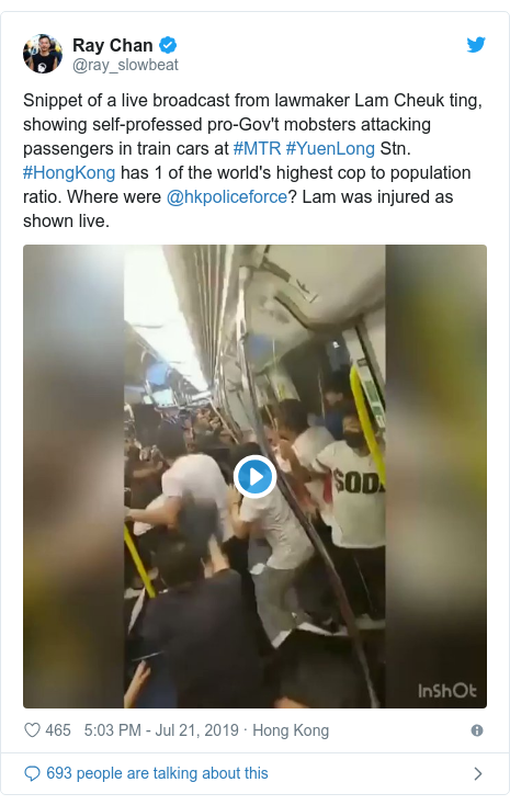 Twitter post by @ray_slowbeat: Snippet of a live broadcast from lawmaker Lam Cheuk ting, showing self-professed pro-Gov't mobsters attacking passengers in train cars at #MTR #YuenLong Stn. #HongKong has 1 of the world's highest cop to population ratio. Where were @hkpoliceforce? Lam was injured as shown live. 