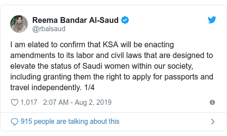 Twitter post by @rbalsaud: I am elated to confirm that KSA will be enacting amendments to its labor and civil laws that are designed to elevate the status of Saudi women within our society, including granting them the right to apply for passports and travel independently. 1/4