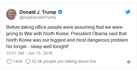 Twitter post by @realDonaldTrump: Before taking office people were assuming that we were going to War with North Korea. President Obama said that North Korea was our biggest and most dangerous problem. No longer - sleep well tonight!