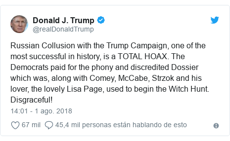 Publicación de Twitter por @realDonaldTrump: Russian Collusion with the Trump Campaign, one of the most successful in history, is a TOTAL HOAX. The Democrats paid for the phony and discredited Dossier which was, along with Comey, McCabe, Strzok and his lover, the lovely Lisa Page, used to begin the Witch Hunt. Disgraceful!