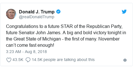 Twitter post by @realDonaldTrump: Congratulations to a future STAR of the Republican Party, future Senator John James. A big and bold victory tonight in the Great State of Michigan - the first of many. November can’t come fast enough!