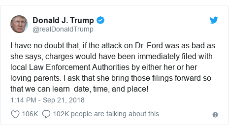 Twitter post by @realDonaldTrump: I have no doubt that, if the attack on Dr. Ford was as bad as she says, charges would have been immediately filed with local Law Enforcement Authorities by either her or her loving parents. I ask that she bring those filings forward so that we can learn  date, time, and place!