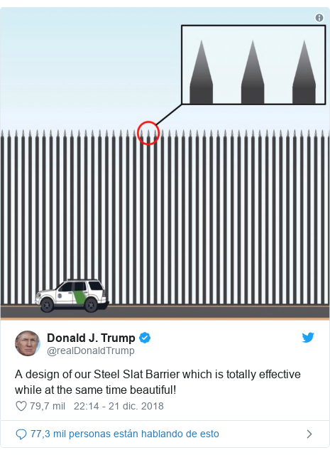 Publicación de Twitter por @realDonaldTrump: A design of our Steel Slat Barrier which is totally effective while at the same time beautiful! 
