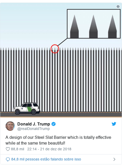 Twitter post de @realDonaldTrump: A design of our Steel Slat Barrier which is totally effective while at the same time beautiful! 