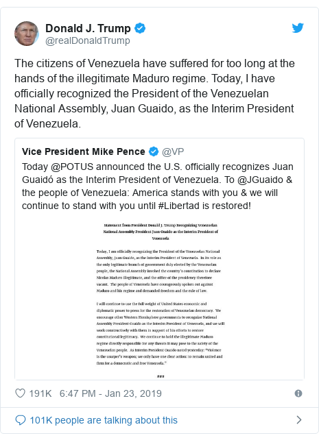 Twitter муаллиф @realDonaldTrump: The citizens of Venezuela have suffered for too long at the hands of the illegitimate Maduro regime. Today, I have officially recognized the President of the Venezuelan National Assembly, Juan Guaido, as the Interim President of Venezuela. 