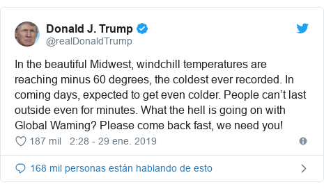 Publicación de Twitter por @realDonaldTrump: In the beautiful Midwest, windchill temperatures are reaching minus 60 degrees, the coldest ever recorded. In coming days, expected to get even colder. People can’t last outside even for minutes. What the hell is going on with Global Waming? Please come back fast, we need you!