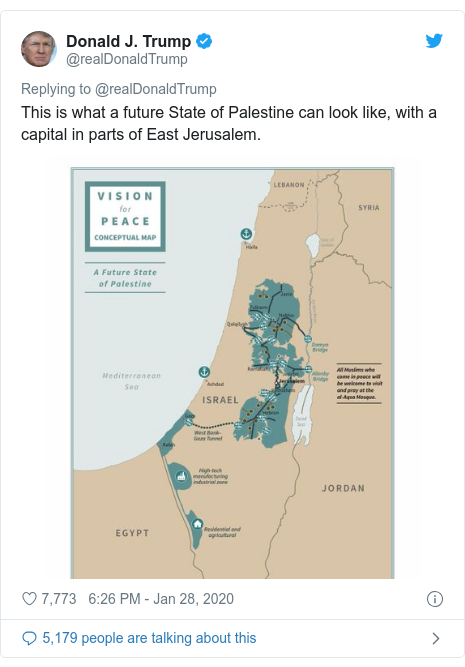 Twitter post by @realDonaldTrump: This is what a future State of Palestine can look like, with a capital in parts of East Jerusalem. 