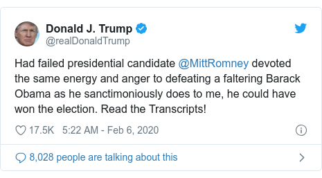 Twitter post by @realDonaldTrump: Had failed presidential candidate @MittRomney devoted the same energy and anger to defeating a faltering Barack Obama as he sanctimoniously does to me, he could have won the election. Read the Transcripts!