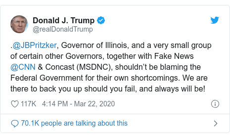 Publicación en Twitter de @realDonaldTrump:. @ JBPritzker, gobernador de Illinois y un grupo muy pequeño de ciertos otros gobernadores, junto con Fake News @CNN & Concast (MSDNC), no deberían culpar al Gobierno Federal por sus propias deficiencias. ¡Estamos allí para respaldarlo si falla, y siempre lo estaremos!