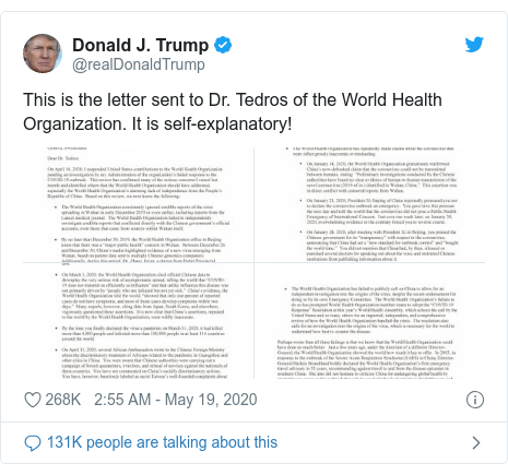 Ujumbe wa Twitter wa @realDonaldTrump: This is the letter sent to Dr. Tedros of the World Health Organization. It is self-explanatory! 