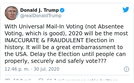 Publicación de Twitter por @realDonaldTrump: With Universal Mail-In Voting (not Absentee Voting, which is good), 2020 will be the most INACCURATE & FRAUDULENT Election in history. It will be a great embarrassment to the USA. Delay the Election until people can properly, securely and safely vote???