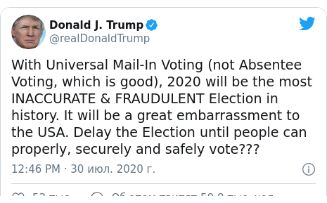 Twitter пост, автор: @realDonaldTrump: With Universal Mail-In Voting (not Absentee Voting, which is good), 2020 will be the most INACCURATE & FRAUDULENT Election in history. It will be a great embarrassment to the USA. Delay the Election until people can properly, securely and safely vote???