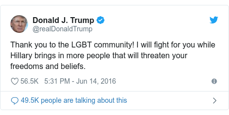 Twitter post by @realDonaldTrump: Thank you to the LGBT community! I will fight for you while Hillary brings in more people that will threaten your freedoms and beliefs.