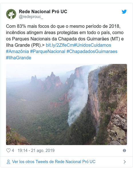 Publicación de Twitter por @redeprouc_: Com 83% mais focos do que o mesmo período de 2018, incêndios atingem áreas protegidas em todo o país, como os Parques Nacionais da Chapada dos Guimarães (MT) e Ilha Grande (PR).> #UnidosCuidamos #Amazônia #ParqueNacional #ChapadadosGuimaraes #IlhaGrande 