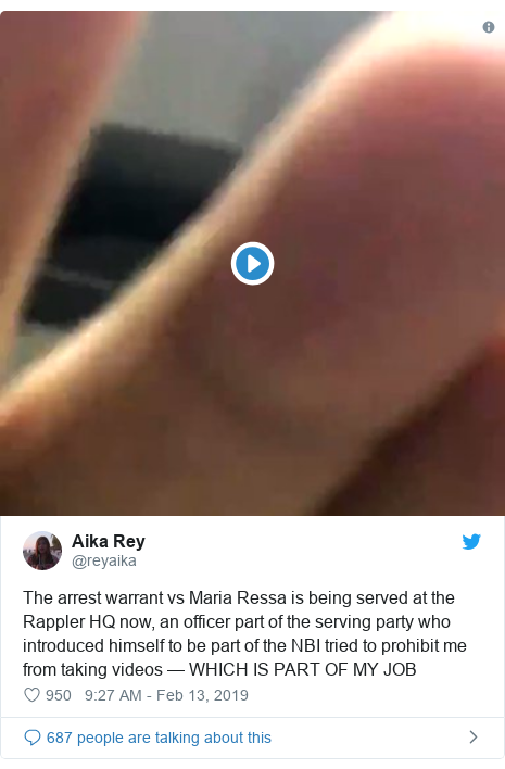 Twitter post by @reyaika: The arrest warrant vs Maria Ressa is being served at the Rappler HQ now, an officer part of the serving party who introduced himself to be part of the NBI tried to prohibit me from taking videos — WHICH IS PART OF MY JOB 