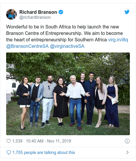 Twitter post by @richardbranson: Wonderful to be in South Africa to help launch the new Branson Centre of Entrepreneurship. We aim to become the heart of entrepreneurship for Southern Africa  @BransonCentreSA @virginactiveSA 