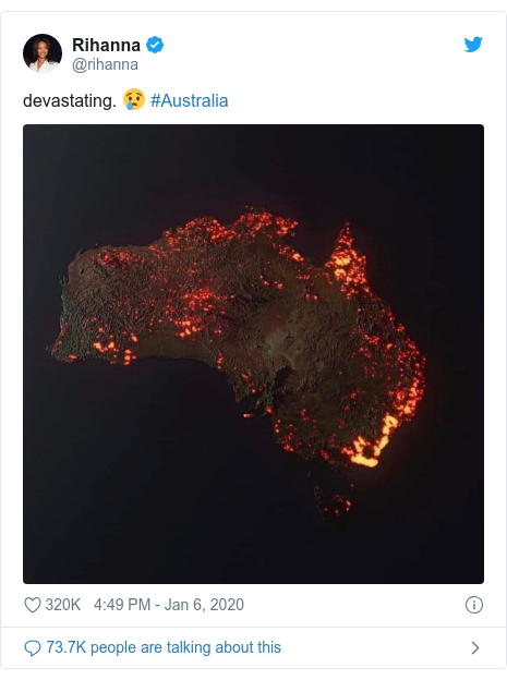 Twitter post by @rihanna: devastating. 😢 #Australia 