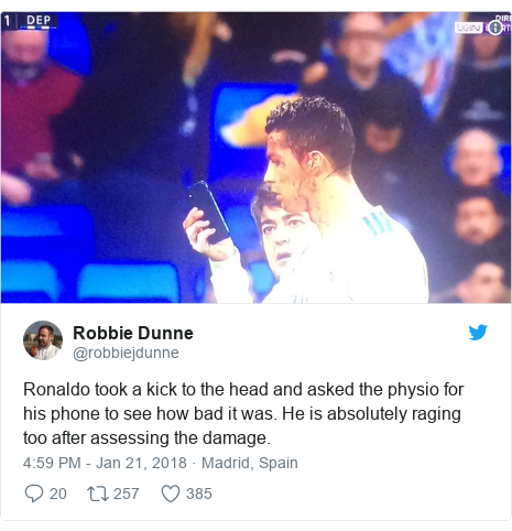 Twitter post by @robbiejdunne: Ronaldo took a kick to the head and asked the physio for his phone to see how bad it was. He is absolutely raging too after assessing the damage. 