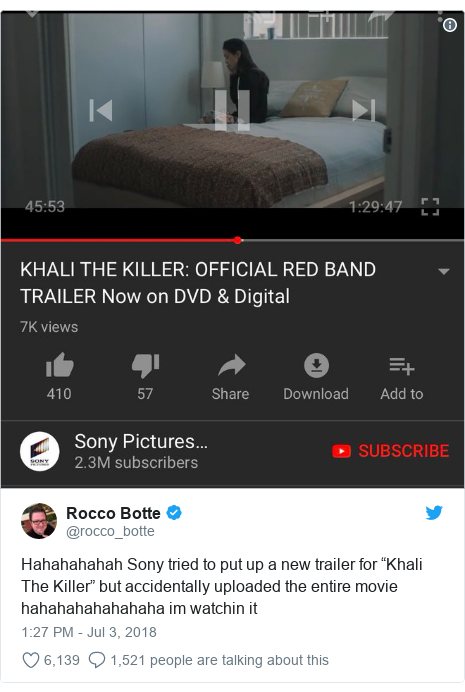 Sony Posts Whole Movie On Youtube In Trailer S Place Bbc News - twitter post by rocco botte hahahahahah sony tried to put up a new trailer for