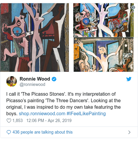 Mensaje de Twitter de @ronniewood: lo llamo 'Las piedras de Picasso'. Es mi interpretación de la pintura de Picasso 'Los tres bailarines'. Mirando el original, me inspiré para hacer mi propia toma con los chicos. #FeelLikePainting