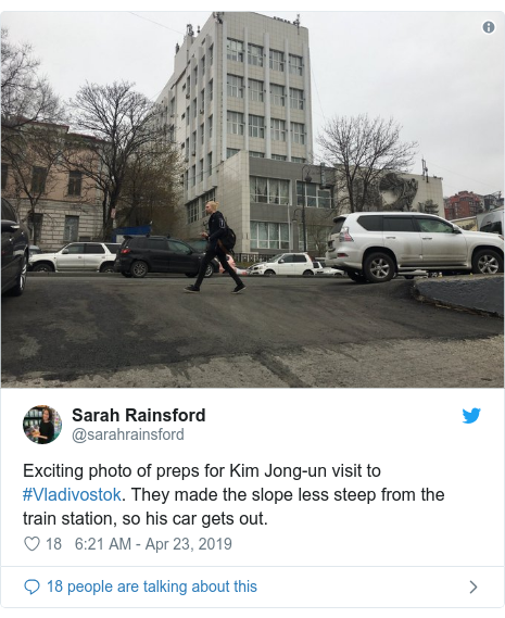Twitter post by @sarahrainsford: Exciting photo of preps for Kim Jong-un visit to #Vladivostok. They made the slope less steep from the train station, so his car gets out. 