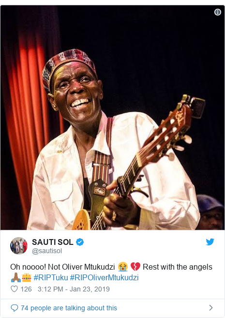 Ujumbe wa Twitter wa @sautisol: Oh noooo! Not Oliver Mtukudzi 😭 💔 Rest with the angels 🙏🏾👑 #RIPTuku #RIPOliverMtukudzi 