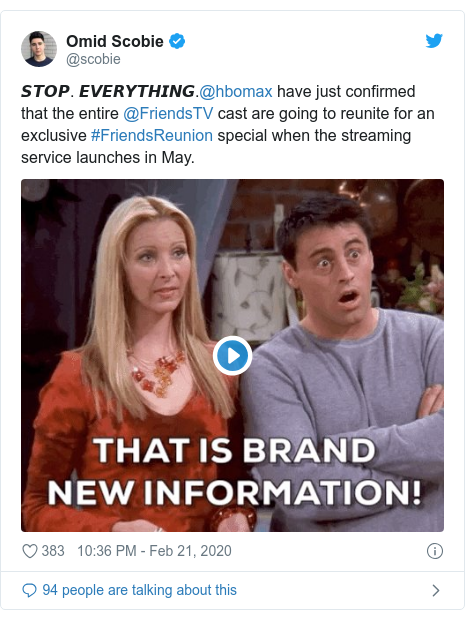 Twitter post by @scobie: ????. ??????????.@hbomax have just confirmed that the entire @FriendsTV cast are going to reunite for an exclusive #FriendsReunion special when the streaming service launches in May. 