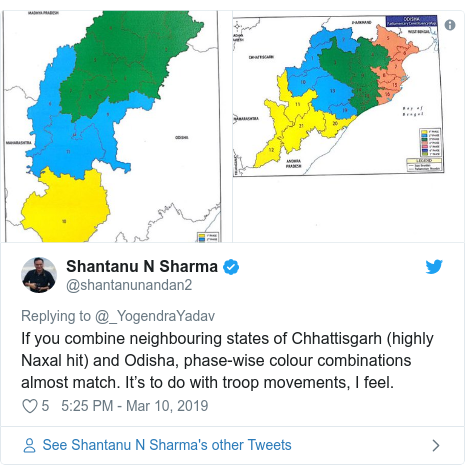 Twitter post by @shantanunandan2: If you combine neighbouring states of Chhattisgarh (highly Naxal hit) and Odisha, phase-wise colour combinations almost match. It’s to do with troop movements, I feel. 