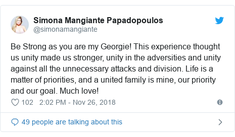 Twitter post by @simonamangiante: Be Strong as you are my Georgie! This experience thought us unity made us stronger, unity in the adversities and unity against all the unnecessary attacks and division. Life is a matter of priorities, and a united family is mine, our priority and our goal. Much love!