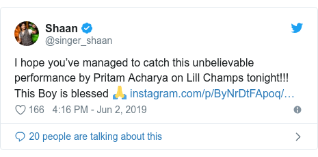 Twitter post by @singer_shaan: I hope you’ve managed to catch this unbelievable performance by Pritam Acharya on Lill Champs tonight!!! This Boy is blessed ? 